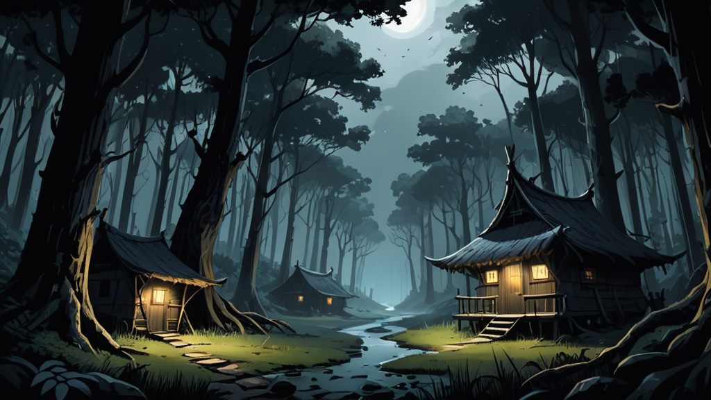A dark forest at night, lit windows in a distant hut, something moving between the trees