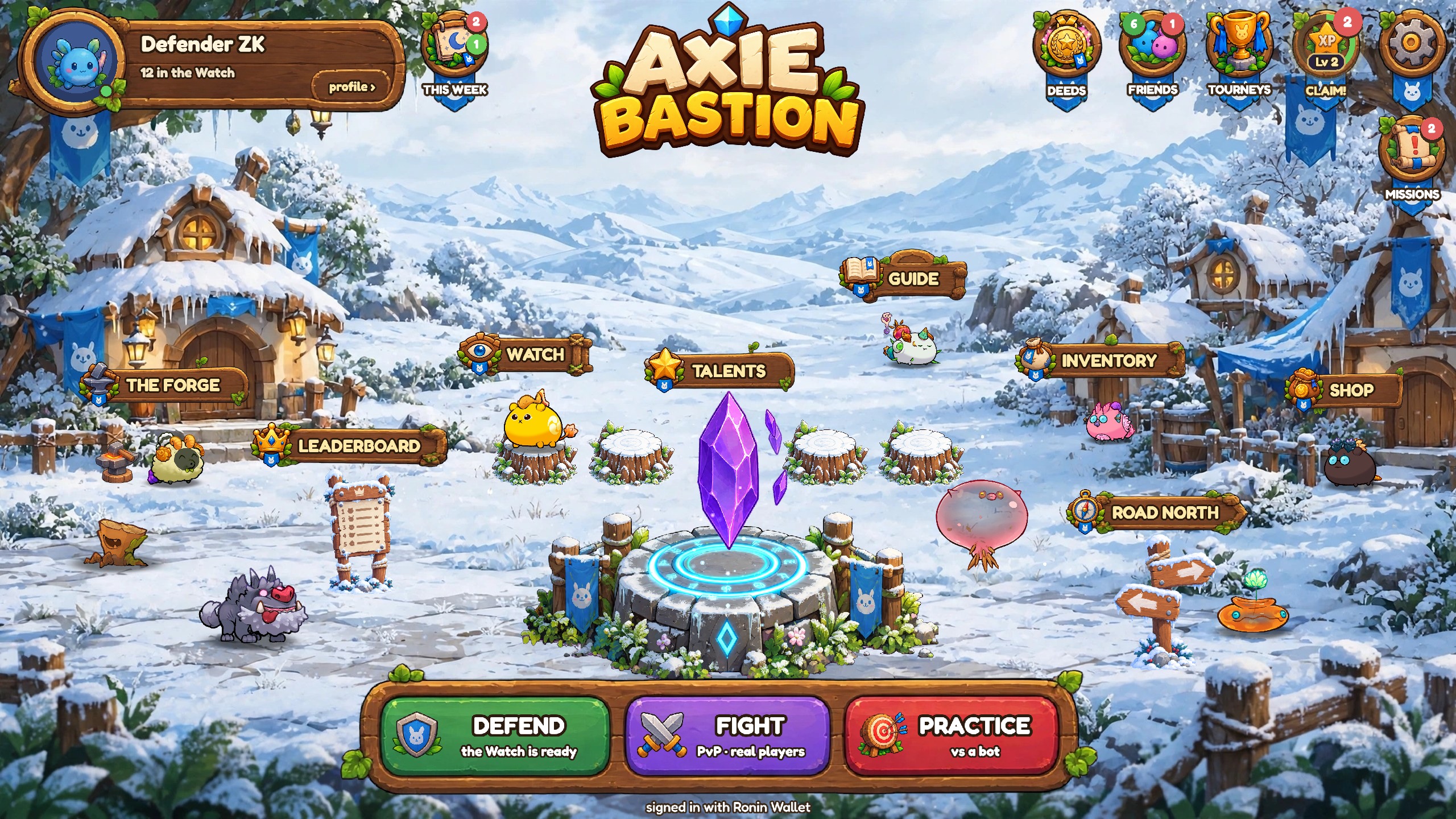 The same square with the Winter Village and the Deep Core: snow on every roof and stump, and a purple crystal over the frosted dais